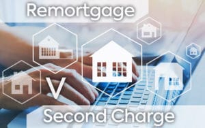 Remortgage V Second Charge Mortgage Buy house, real estate concept, different offers of property online.